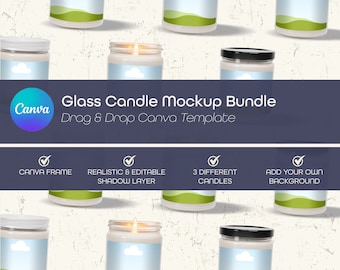Glass Candle Mockup Bundle, Drag & Drop Canva Template