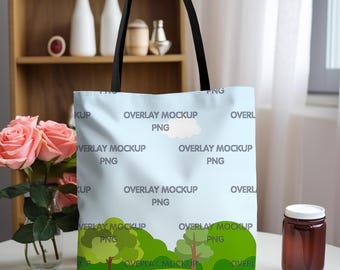 Printify Tote Bag Mockup, Black Handle AOP Bag (PNG)