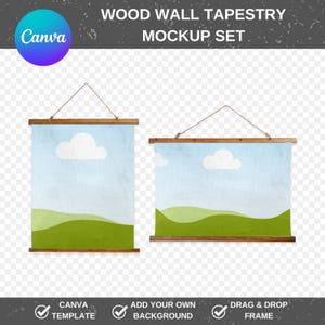 May include: Two wooden framed wall tapestries with a blue sky and green hills background. The tapestries are hanging from a rope and have a wooden dowel at the top and bottom. The text "Canva Template", "Add Your Own Background", and "Drag & Drop Frame" is visible below the tapestries.