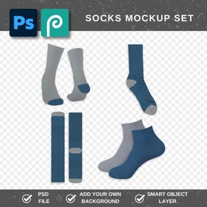 May include: A socks mockup set featuring various sock designs in shades of gray and blue. The image includes crew socks, ankle socks, and flat lay designs. Text at the top reads "SOCKS MOCKUP SET". The image also includes icons for PSD file, add your own background, and smart object layer.