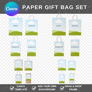 May include: A set of paper gift bags in various sizes, featuring a sky and landscape design. The bags have dimensions of 10x13 inches, 8x10.25 inches, 5.5x8.375 inches, and 6.25x12.5 inches. The text "PAPER GIFT BAG SET" is at the top.