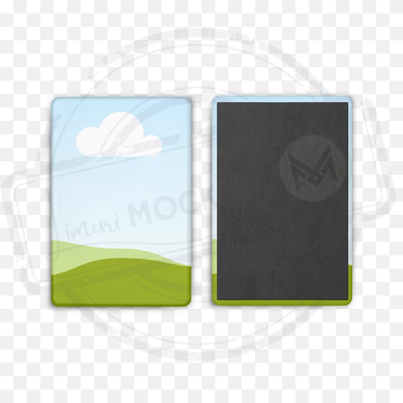 May include: Two rectangular mockups. One features a sky and cloud design over green hills. The other has a black chalkboard design. Both have a green border and are set against a transparent background.