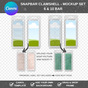 Könnte beinhalten: Mockup-Set aus klarem Kunststoff-Klappverpackungen für 5 und 10 Stück Seife. Die Verpackung hat ein Design mit grünem Gras und blauem Himmel. Das Bild zeigt, wie man ein Seifenbild hochlädt und in das Mockup einfügt.