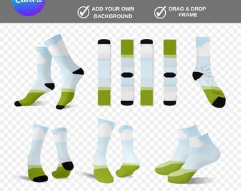 6 Canva Socks Mockup Bundle For Dye Sublimation, Ankle, Sports, Crew Socks, Canva Sock Template, Drag & Drop Canva Frame, Footwear Mockup