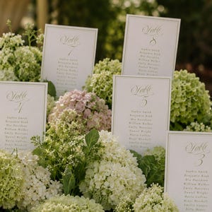 May include: A collection of white rectangular wedding seating chart cards with gold borders, each displaying table numbers and guest names in elegant script, nestled among clusters of white and pale green hydrangea flower heads.