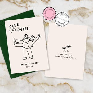 Handgeschreven save-the-date-uitnodigingssjabloon Handgetekende krabbelillustraties Gay geïllustreerde opslagdatumkaarten bruiloft Bewaardatums 9n