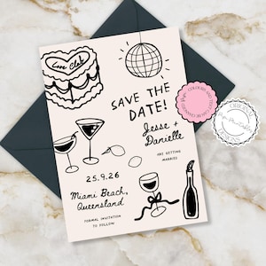 Illustrierte Save The Date Einladung Vorlage Handgezeichnete Save The Date Karten Retro Fun Scribble Illustrationen Einzigartige Save The Date einladen j6