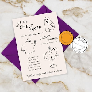 Handgezeichnete Halloween-Einladung Vorlage Let's Get Sheet Printable Kostüme & Cocktails Laden Gekritzel Illustriert Geist-Wein einladen