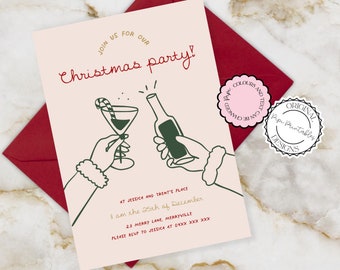 May include: Pink and green Christmas party invitation with a cartoon illustration of two hands holding a glass of champagne and a bottle of wine. The text reads "Join us for our Christmas party!" and includes the date, location, and RSVP information.