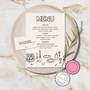 Hand Drawn Wedding Menu + Place Card Template Illustrated Dinner Menu Fun Scribble Illustration Menu Handwritten Bridal Shower Place Card 8U