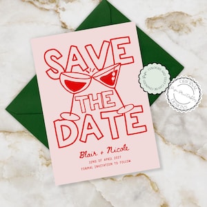 Geïllustreerde Save The Date-uitnodigingssjabloon Handgetekende leuke cocktailkrabbelillustraties Moderne handgeschreven Save The Date-kaart voor bruiloft