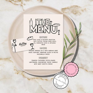 Hand Drawn Wedding Menu + Place Card Template Illustrated Dinner Menu Fun Scribble Illustration Menu Handwritten Bridal Shower Place Card T1
