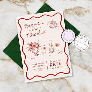 Save The Date Einladungsvorlage Handgezeichnete Kritzel Illustrationen Handgeschriebene Hochzeit Save Our Date Hochzeitskarte Illustriert Rot Spaß Retro Lädt ein