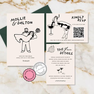 Handgezeichnete Hochzeitseinladungssuiten-Vorlage Scribble Illustrationen Einzigartige handgeschriebene Hochzeitseinladungskarte 9n