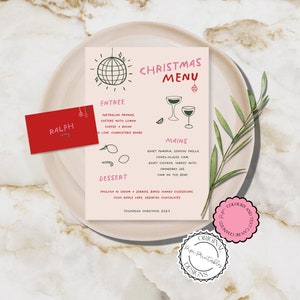 Kerstmenu + plaatskaartsjabloon Handgetekende krabbelillustraties Handgeschreven kerstdiner geïllustreerd kersthuwelijksmenu