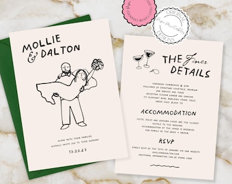 Hand Drawn Wedding Invitation Template Fun Unique Scribble Illustration Handwritten Wedding Itinerary Printable Retro Illustrated Wedding 9n