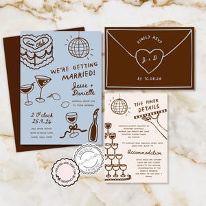 May include: A collection of wedding stationery with a brown and light blue color scheme. The set includes invitations, RSVP cards, and details cards, all featuring illustrated graphics of cocktails, disco balls, and cake.