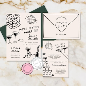 Puede incluir: Un conjunto de invitaciones de boda con un diseño ilustrado en blanco y negro. La invitación presenta un pastel, una bola de discoteca, copas de vino y una botella de vino. La tarjeta RSVP tiene un corazón con las iniciales J y D. La tarjeta de detalles tiene una bola de discoteca, una mano sosteniendo un micrófono y una pila de copas de champán.