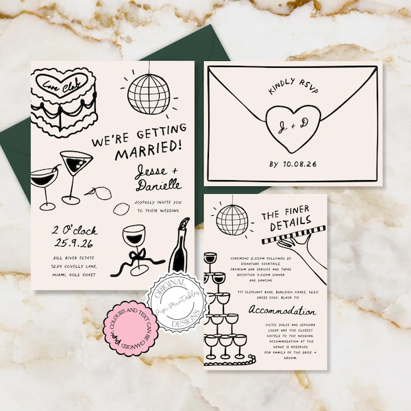 Handwritten Wedding Invitation Whimsical Wedding Invite QR Code Editable Template Canva Fun Hand Drawn Illustrated Scribble Illustrations j6
