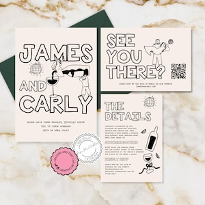 Hochzeitseinladung Vorlage Printable Hochzeitseinladungen Handgezeichnete skurrile Hochzeitseinladung Scribble Illustrationen Handgeschriebener Reiseplan 9n