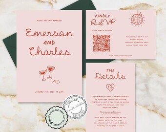 Op de afbeelding: Roze en rode huwelijksuitnodiging met een QR-code, een discobal-icoon en de tekst "Kindly RSVP". De uitnodiging bevat ook de namen "Emerson en Charles" en de datum "January the 21st at 2pm".