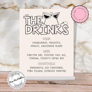 Bar Menu Template Handwritten Wedding Drink Sign Hand Drawn Scribble Illustrations Signature Drinks Illustrated Reception Decor Cocktail T1