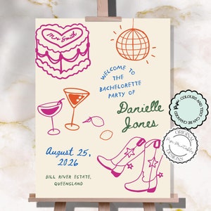 Illustrated Bachelorette Party Welcome Sign Template Hand Drawn Scribble Illustrations Fun Handwritten Hens Party Sign Bachelorette Decor 2