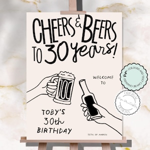 Plantilla de letrero de bienvenida para fiesta de cumpleaños número 30, ilustración dibujada a mano con garabatos, saludos y cervezas, letreros escritos a mano para el cumpleaños número 30, decoración ilustrada para fiestas