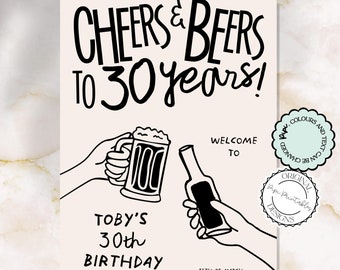 30th Birthday Party Welcome Sign Template Hand Drawn Scribble Illustration Cheers And Beers Handwritten 30th Signage Illustrated Party Decor