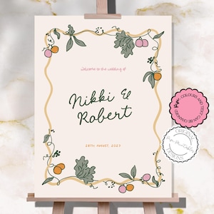Colorful Wedding Welcome Sign Template Fun Floral Illustrations Reception Sign Garden Party Tropical Whimsical Handwritten Illustrated k7