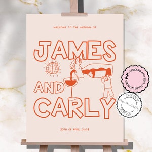Hand Drawn Wedding Welcome Sign Template Fun Cute People Scribble Illustration Reception Sign Colorful Pink Handwritten Illustrated Decor 9n