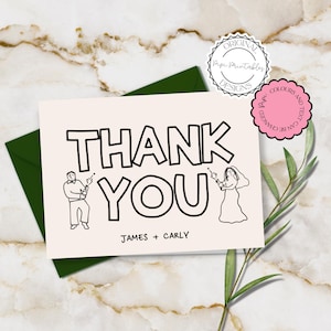 Plantilla de tarjeta de agradecimiento de boda Ilustraciones lindas dibujadas a mano Nota de boda escrita a mano Tarjetas de agradecimiento para invitados ilustradas minimalistas 9n