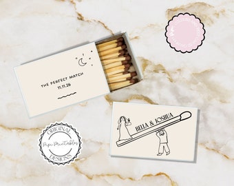 Modello bomboniera scatola di fiammiferi Persone carine disegnate a mano Illustrazione scarabocchio Abbinamenti nuziali Regalo personalizzato per gli ospiti Regalo di nozze Scatola di fiammiferi eccentrica 9n