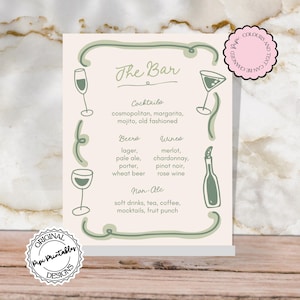 Plantilla de menú de bar y bebidas dibujada a mano, menú de bar de boda ondulado verde, ilustraciones de cócteles escritos a mano, señalización para menú de despedida de soltera