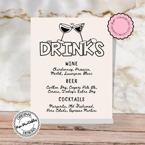 Plantilla de menú de barra y bebidas dibujada a mano Ilustraciones divertidas con garabatos Linda tarjeta de menú de barra de boda Letrero ilustrado de menú de cócteles escrito a mano T1