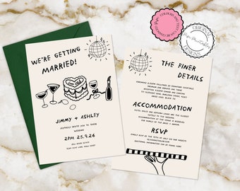 Hand Drawn Wedding Invitation Template Fun Unique Scribble Illustrations Handwritten Wedding Itinerary Printable Retro Illustrated Wedding L
