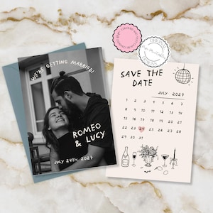 Plantilla de calendario con foto para guardar la fecha Invitación dibujada a mano para guardar la fecha Ilustraciones retro divertidas con garabatos Invitación para guardar la fecha