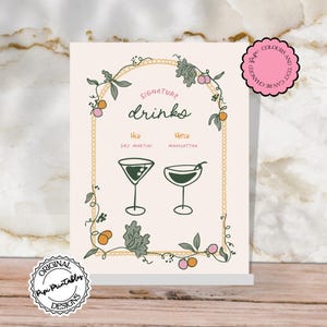Signature Drinks Sign Template Colorful Hand Drawn Garden Wedding Cocktail Menu Illustrated Whimsical Custom Couple Drink Shower Bar Sign K7