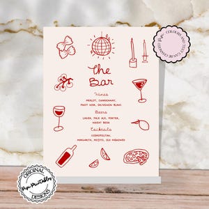 Plantilla de letrero de menú de bar escrito a mano Ilustraciones de garabatos dibujados a mano Menú de bebidas de boda ilustrado Letrero de menú de cóctel divertido y caprichoso b