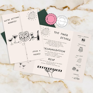 Handgezeichnete Klappkarte Hochzeitseinladung Spaß Handgeschriebene Hochzeitseinladung QR-Code Illustriert Antwortkarte Printable L