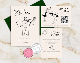 Handwritten Wedding Invitation Suite Template Cute People Hand Drawn Scribble Illustration Fun Retro Illustrated Wedding Invite With RSVP 9n