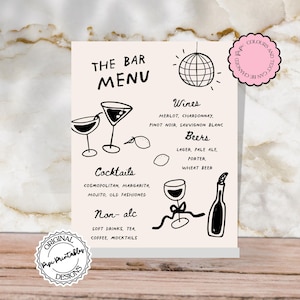 Plantilla de letrero de menú de bar escrito a mano Ilustraciones de garabatos dibujados a mano Menú de bebidas de boda Ilustrado Menú de cócteles divertido y extravagante Señalización j6
