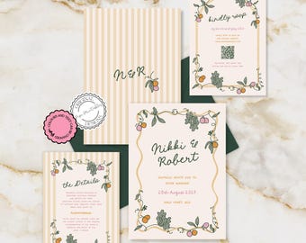 Colorful Wedding Suite Template Hand Drawn Illustrations Handwritten Arch Wedding Invitation RSVP Printable Floral Summer Wedding Invites k7