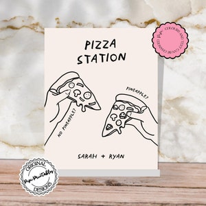 Plantilla de letrero de pizza para bodas Letrero de boda dibujado a mano Menú de pizza escrito a mano Letrero de comida de boda italiana Letrero ilustrado editable Letrero de mesa