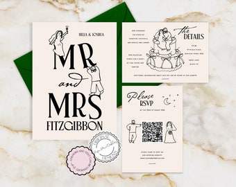 Hand Drawn Wedding Invitation Set Template Fun Cute People Scribble Illustrations Unique Handwritten Wedding Invite With RSVP Illustrated 9n