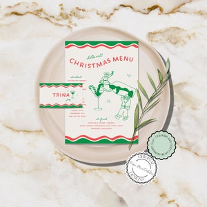 Menu de Natal + Modelo de Cartão de Lugar Desenhado à Mão Santa Rabisco Ilustração Manuscrita Feriado Jantar Menu Retro Vintage Ilustrado