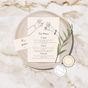 Menú de boda dibujado a mano y plantilla de tarjeta de lugar Menú de cena ilustrado Menú de ilustración de garabatos Tarjetas de lugar de despedida de soltera escritas a mano 5q