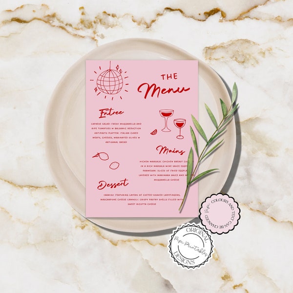 Illustrated Menu Template Pink + Red Fun Scribble Illustrations Hand Drawn Bridal Shower Menu Handwritten Wedding Stationery Party Menu 7