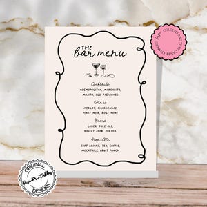 Hand Drawn Bar + Drinks Menu Template Scribble Illustrations Cute Disco Wedding Bar Menu Illustrated Handwritten Cocktail Menu Signage m0