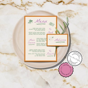 Geïllustreerde bruiloftsmenu- en plaatskaarten Sjabloon Krabbelillustratie Etentje Menu Bruidsfeest Naamkaartjes Uniek handgetekend menu 08
